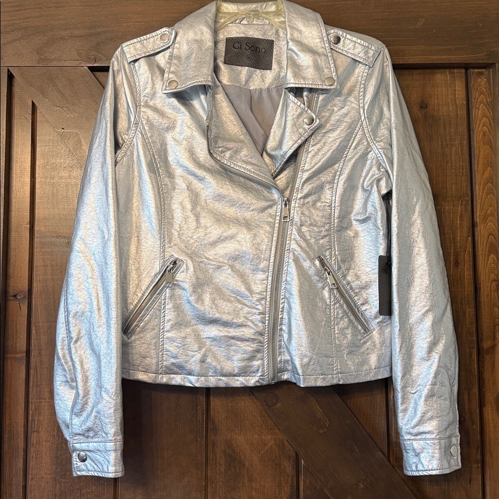 Ci Sono Silver Metallic Moto Jacket ✨ NWT Vegan Leather Biker (M) - Picture 4 of 13
